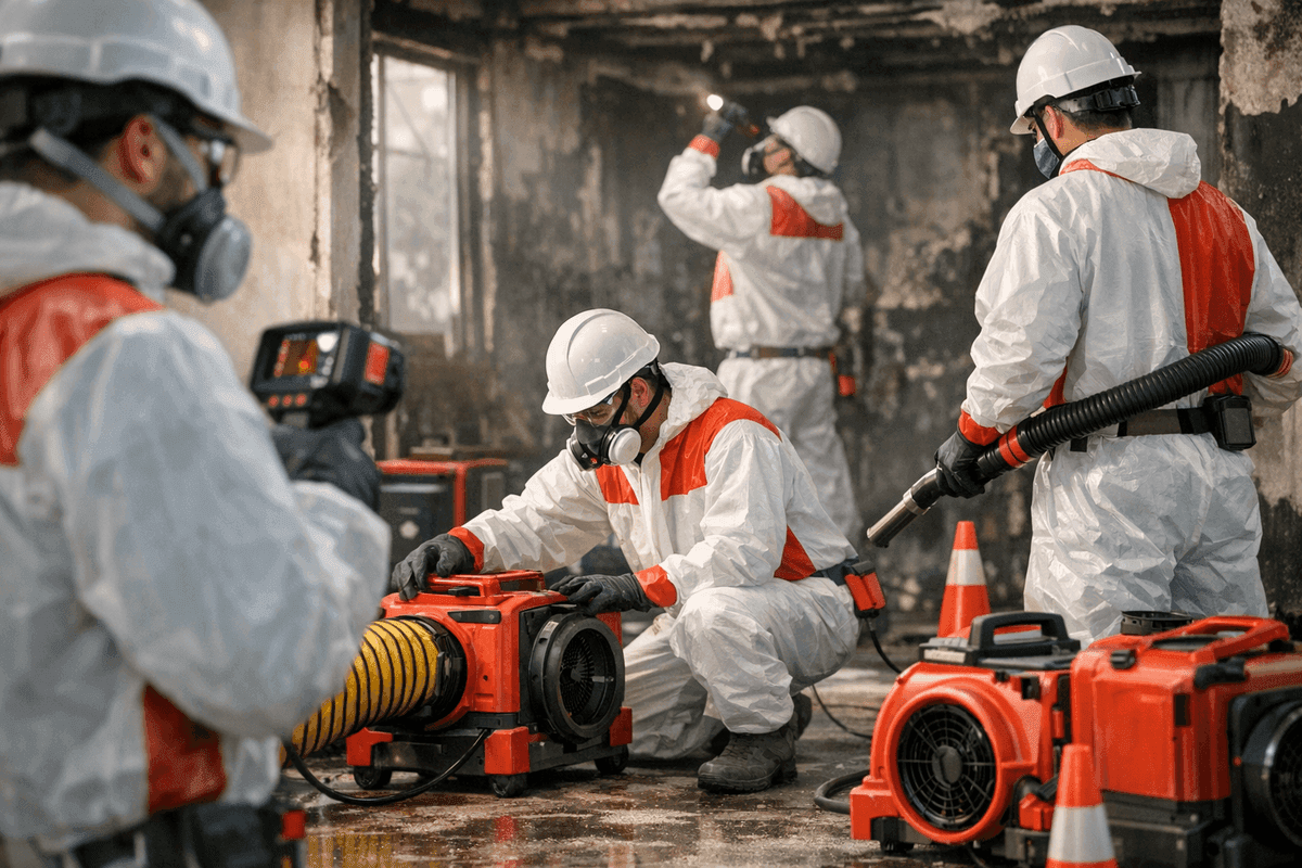 Firefighter in protective gear examining fire-damaged wood inside a clean residential interior