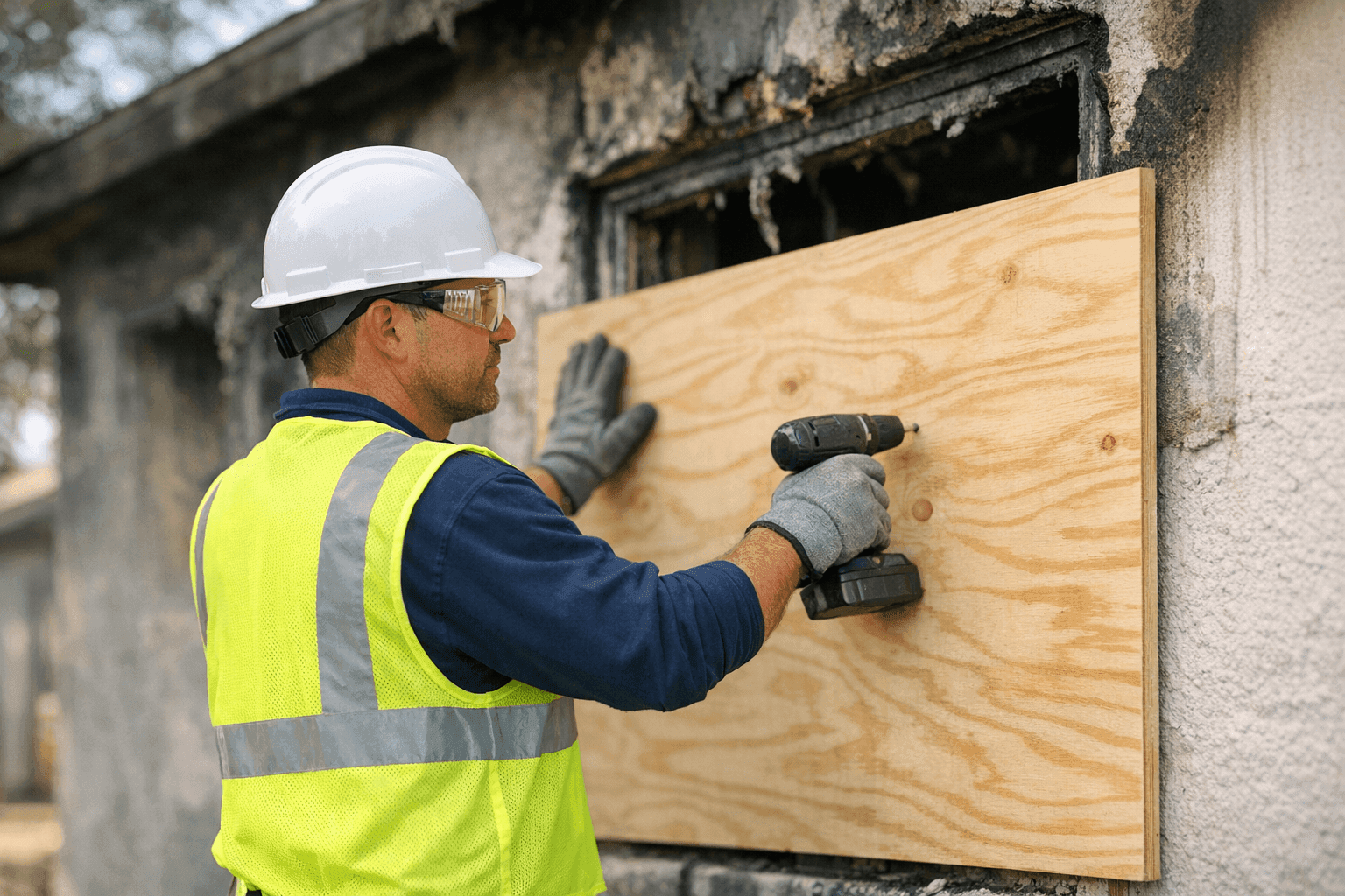 Fire damage technician securing a residential window with plywood after a fire in Alamo, TX