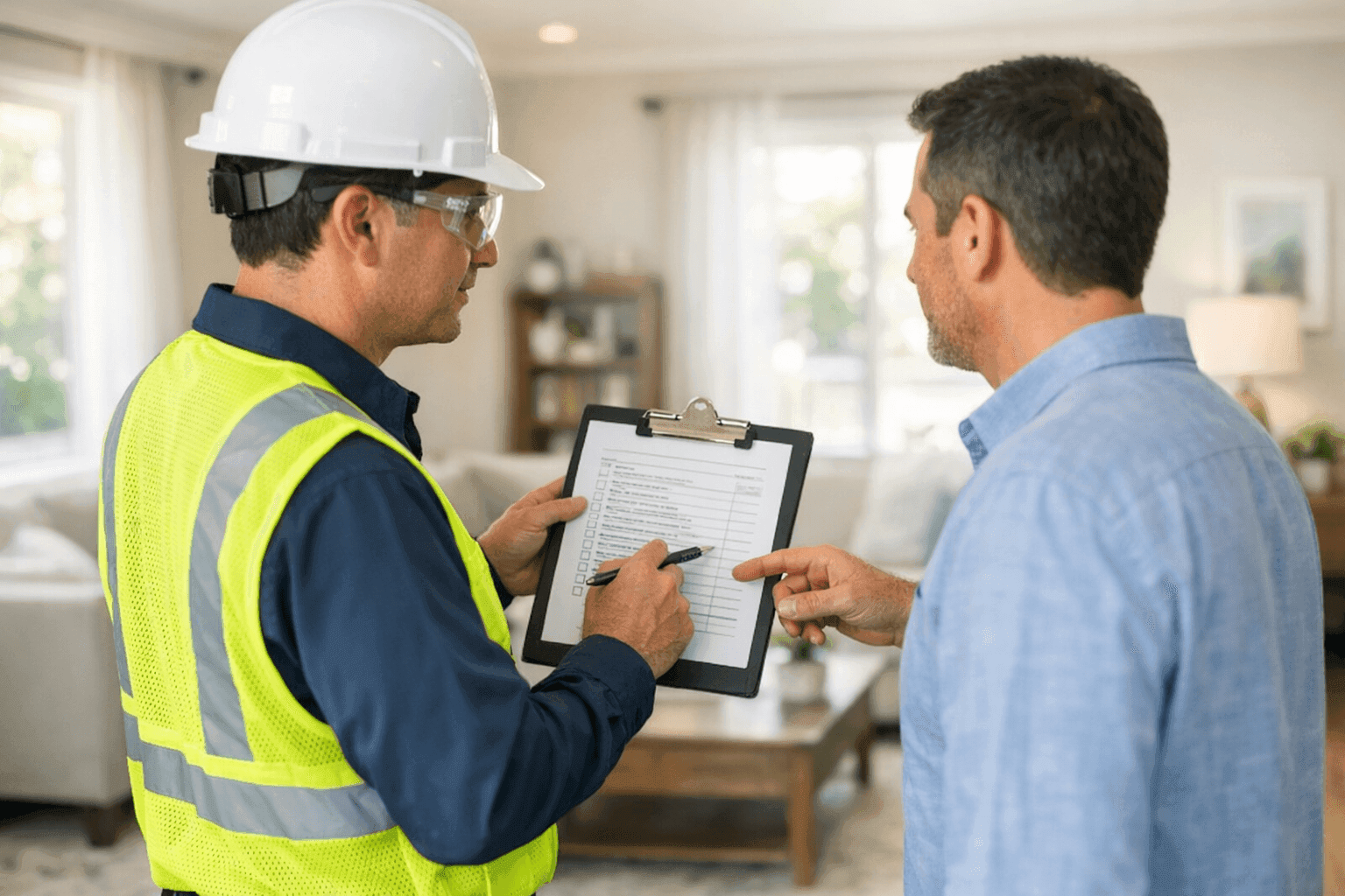 Fire safety inspector reviewing a prevention checklist with a homeowner in Alamo, TX living room
